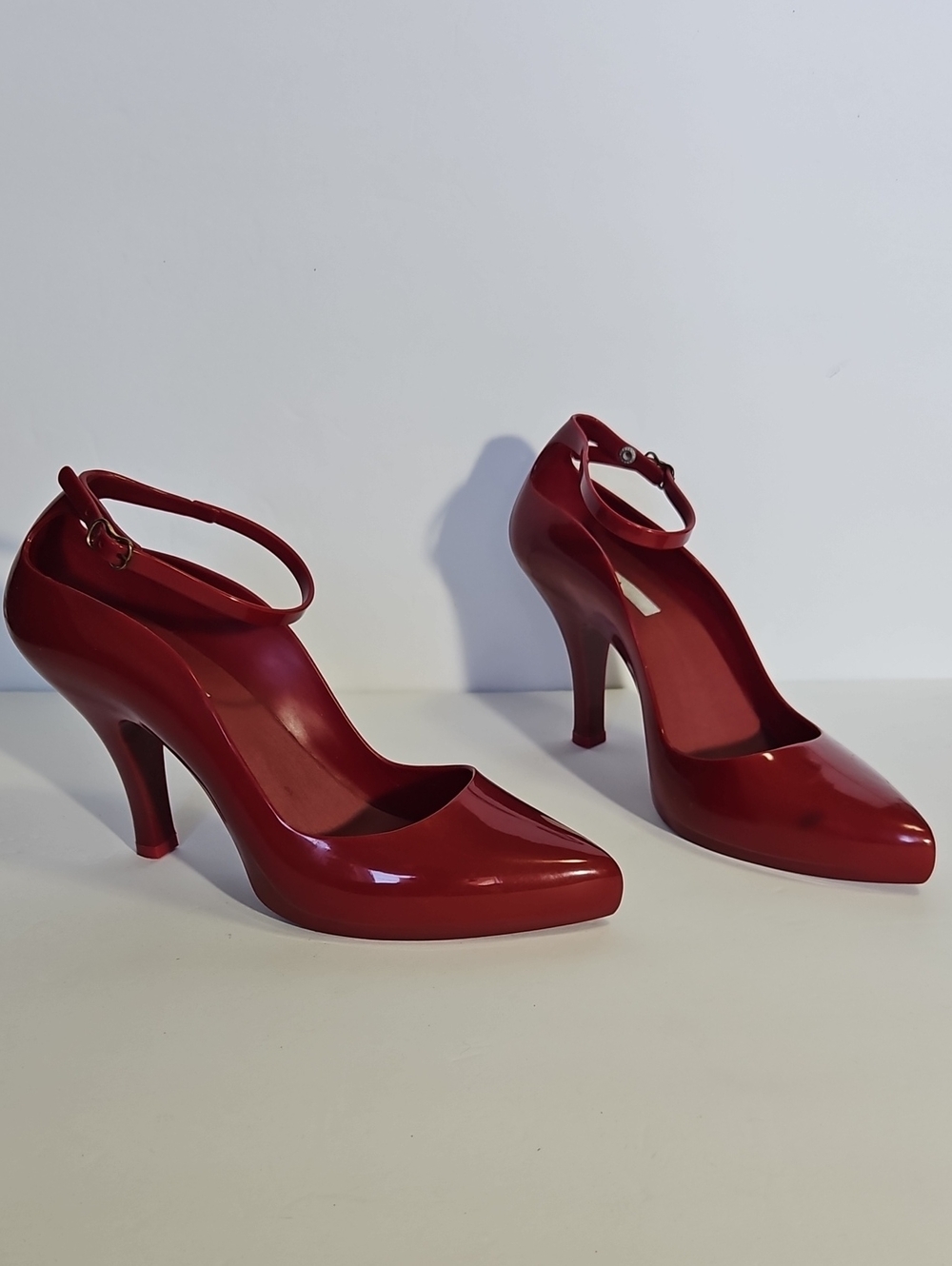 Melissa Red Rubber Ankle Strap Pointed Toe Pumps